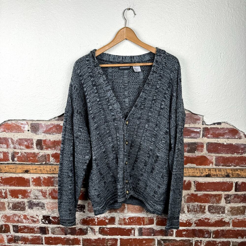 Vintage Expressions Sweater Size XL Grey Textured V Neck Button Up Cardigan 90s